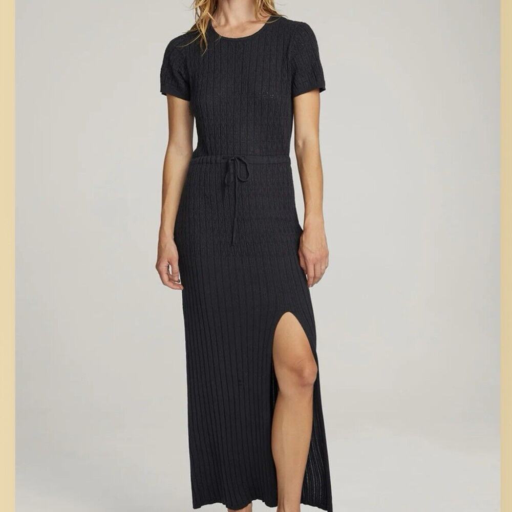 Chaser Durango Maxi Knit Dress Sm Charcoal Slit Tie NWT Coastal 90s Cottagecore